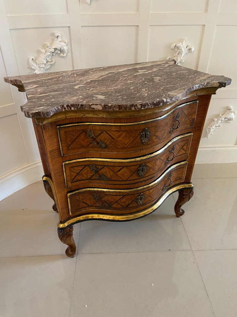 Antique 18th Century Quality Parquetry Inlaid Serpentine Shaped Marble Top Commode Chest - Image 2